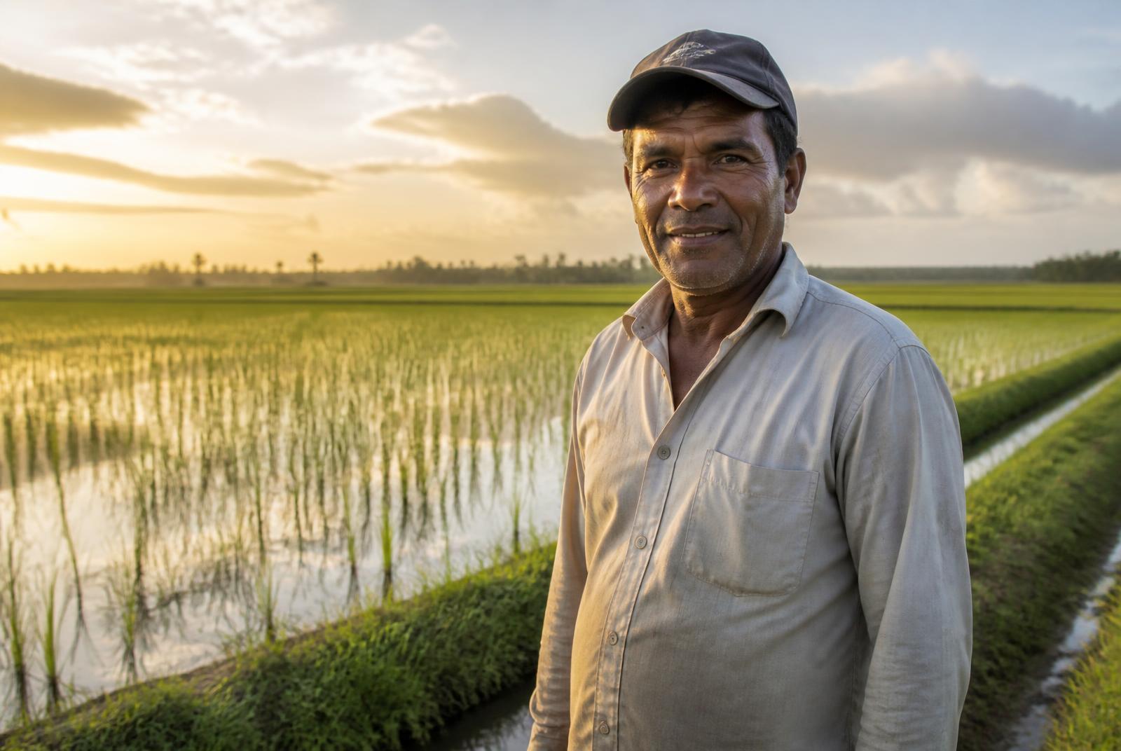 A Guyanese rice farmer standing at the edge of a green paddy field